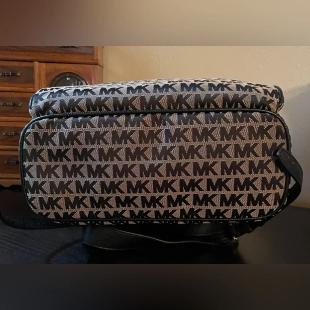 Michael Kors Black Jaquard Signature Canvas with Leather Straps Abbey Backpack